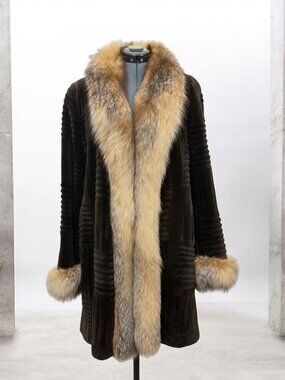 Alaskan Fur- Brown Grooved Sheared Mink Coat with Crystal Fox Trim